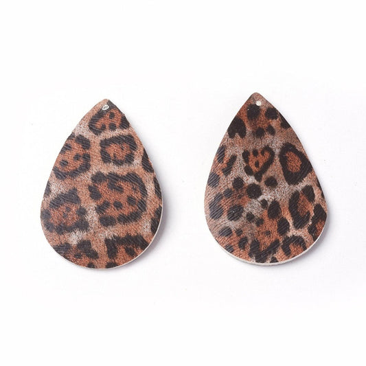 P2058 - 10 pcs. Leopard Faux Leather Dangle Charms Pendants - Teardrop - Black and Brown - 56mm (2.2") - Double Sided