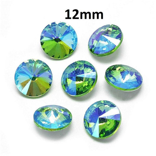 CA848 - 10 pcs. Glass Rhinestone Faceted Rhinestone Cabochons - Glass Pointed Back - 12mm - Multicolor - Green Blue