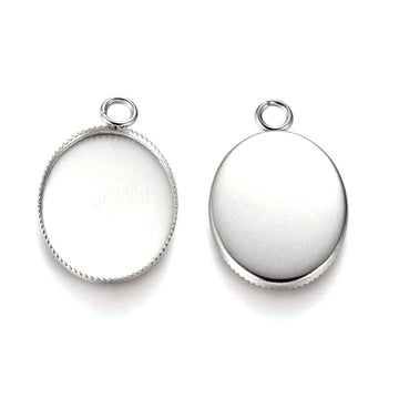 P411 - 10 pcs. 304 Stainless Steel Oval Bezel Cabochon Pendant Trays - Spike - 18mm x 13mm Glue Pad - Hypoallergenic! Tarnish Resistant!
