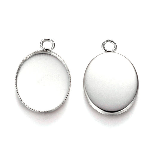 P411 - 10 pcs. 304 Stainless Steel Oval Bezel Cabochon Pendant Trays - Spike - 18mm x 13mm Glue Pad - Hypoallergenic! Tarnish Resistant!