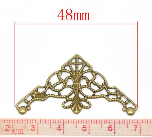 P442 - 50 pcs. Bronze Tone Flat Triangle Metal Wraps Connector Filigree Embellishment Findings Charms Pendants - 48mm X 26mm (1.89 inch)