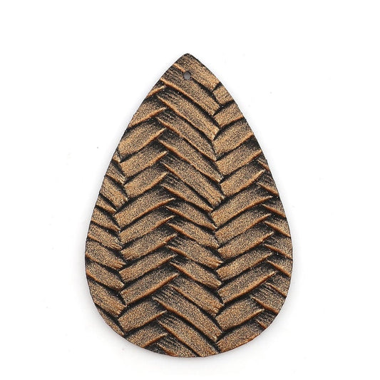 P1070 - 10 pcs Bronze Faux Leather Dangle Charms Pendants - Teardrop Braided Weave - 56mm (2.2") - Great for Light Earrings or Dangles! Double-Sided
