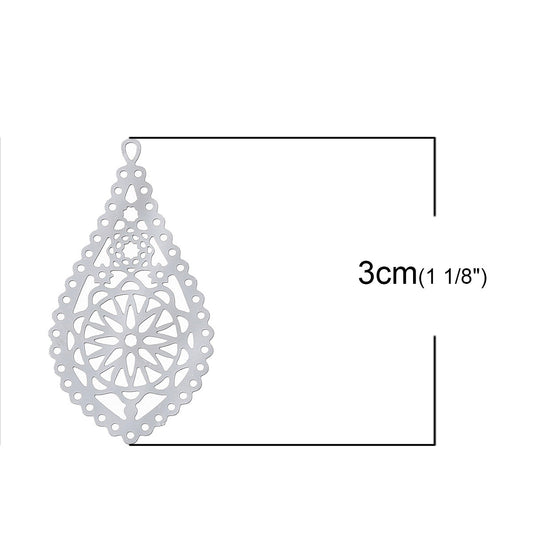 P653 - 10 pcs. 304 stainless Steel Silver Tone Teardrop Metal Pendants Dangle Charms Pendants - 30mm x 16mm (1.2" x 0.6") - Great for Earrings!