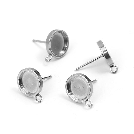 E500 - 10 pcs. 304 Stainless Steel silver Tone FLAT Earring Posts Studs Settings Bezels Cabochons Tacks - 8mm Glue Pad Setting - Perpendicular Loop