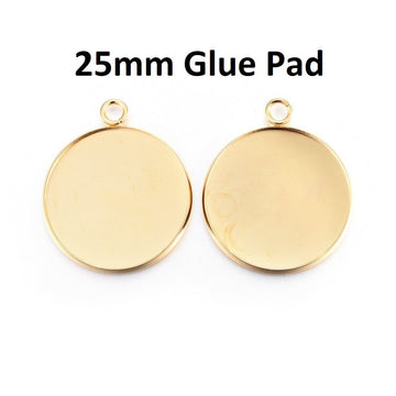 P929 - 10 pcs. 304 Stainless Steel Circle Round Bezel Pendant Tags Trays - 25mm Glue Pad Setting - Single Loop - Golden - Tarnish Resistant