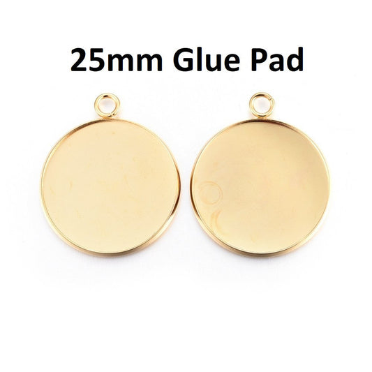 P929 - 10 pcs. 304 Stainless Steel Circle Round Bezel Pendant Tags Trays - 25mm Glue Pad Setting - Single Loop - Golden - Tarnish Resistant