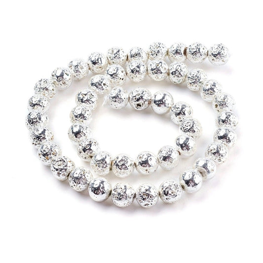 BD485 - 8mm Electroplated Natural Stone Lava Round Beads - Silver Plated - 15.35" strand - Hole Size: 1mm - Approx. 46 pieces per strand