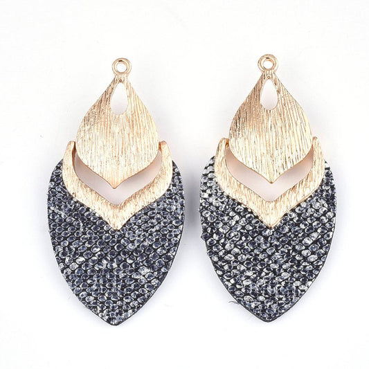 MP0002 - 10 pcs. Metal and Faux Leather Dangle Charms Pendants - Gunmetal - Gold Hardware - 61mm (2.4")