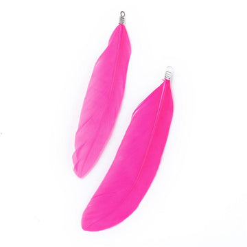 P381 - 10 pcs Hot Pink Dangle Charms Pendants - Feather - Silver Tone Crimps - 75mm (2.95") - Great for Light Earrings or Dangles!