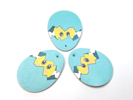 P2070 - 6 pcs. Teal Faux Leather Dangle Charms Pendants - Egg Teardrop - Easter - 51mm (2") - Double-Sided - Bunny