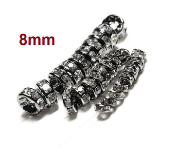 BD781 - 50 pcs Gunmetal Black Rhinestone Enamel Rondelle Spacer Beads - 8mm x 3.5mm - Grade A - Hole Size: 2mm - Straight Edge