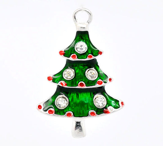 P1002 - 10 pcs. Silver Plated Christmas Trees Tree Light Lights Charms Pendants - 26mm x 17mm - with Rhinestones