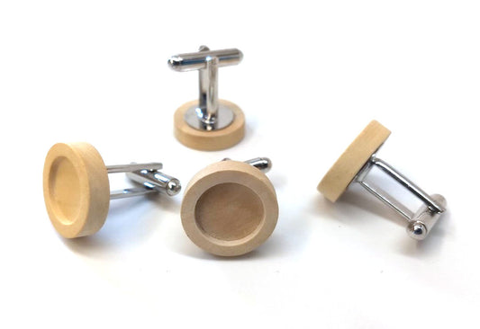 CU039 - Lot of 10 Silver Tone Cuff Links (5 pairs) - 12mm Glue Pad Setting - Wood Bezel Tray