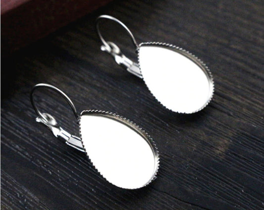 E350 - 10 pcs. (5 pairs) 304 Stainless Steel Silver Tone Teardrop Earring Clips Lever Back Bezels Cabochons - 18mm x 13mm Glue Pad Setting - Drop