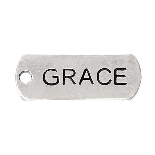 P330 - 10pcs. Antique Silver "Grace" Rectangle Charms Pendants - 21mm X 8mm