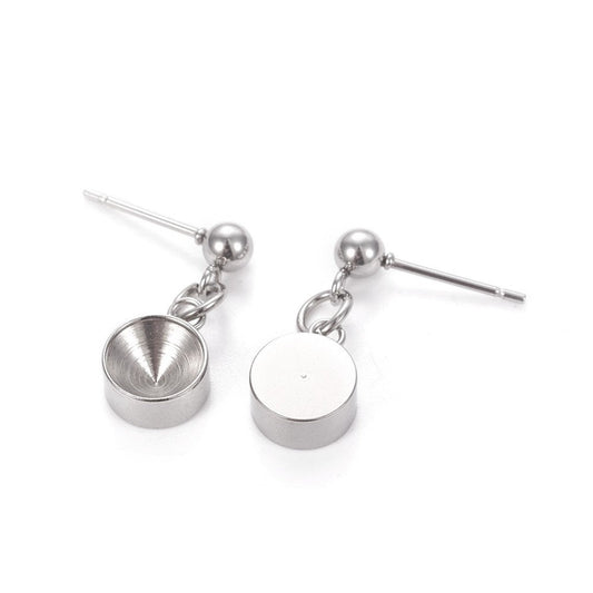 E703 - 10 pcs. 304 Stainless Steel Earring Dangle Tacks Posts Studs Settings Bezels - Silver Tone - For 7mm Rivoli and Pointed Back Cabochons