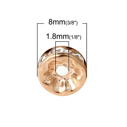 BD393 - 50 pcs Rose Gold Plated Copper Clear Rhinestone Rondelle Spacer Beads - 8mm x 3.4mm - Hole Size: 1.8mm