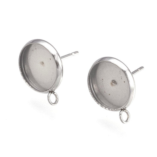 E591 - 10 pcs 304 Stainless Steel Earring Posts Studs Settings Bezels Cabochons Tacks with Loop - 10mm Glue Pad Setting - Perpendicular Loop