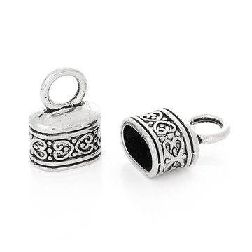 CR022A - 10 pcs. Antique Silver Tone Bead, Bracelet, Necklace and Tassel End Tips Caps with Loop - Carved - 18mm x 13mm - Hole Size: 10.7mm x 6.6mm