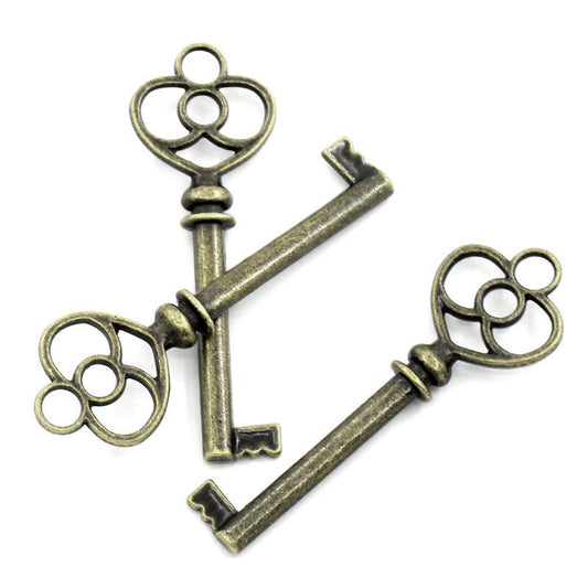 P746 - LARGE - 10 pcs. Antique Bronze Filigree Keys Charms Pendants - 62mm X 21mm (2.44"x 0.83") - Heart Design