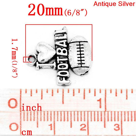 P2055 - 50 pcs. Antique Silver Tone "I love (heart) Football" Sports Charms Pendants - 20mm x 18mm