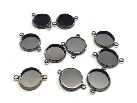 P1160 - 10 pcs. Gunmetal Circle Round Bezel Cabochon Cameo Connector Tags Trays - 12mm Glue Pad
