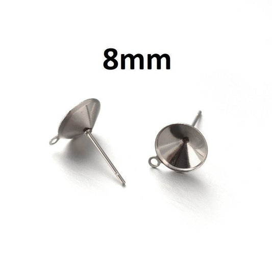 E005 - 10 pcs. (5 pairs) 304 Stainless Steel Earring Cone Posts Studs with Parallel Loop - For 8mm Pointed Back Rhinestones - Hole: 1mm
