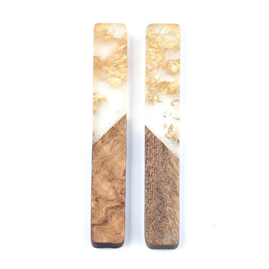 MP0009 - 4 pcs. Gold and Clear Resin and Wood Rectangle Flat Pendant - 52mm x 8mm - (2.05" x 0.32") - Great for Earrings and Necklaces!