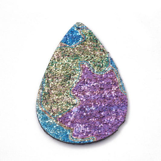 P262 - 10 pcs Purple, Green, Blue Multicolor Glitter Faux Leather Dangle Charms Pendants - Teardrop - 55mm (2.2") -Great for Earrings! Double Sided