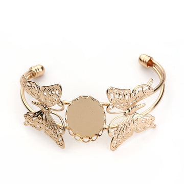 B090 - 1 pc. Gold Plated Open Cuff Bangle Bezel Cabochon Bracelets - 25mm x 18mm Glue Pad - 16.5cm (6.5") - Oval - 25x18mm - 18x25mm