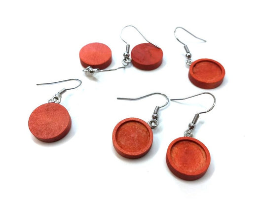 E552 - 10 pcs. 316 Stainless Steel Silver Tone Earring Dangle Hooks Settings Bezels Cabochons - 12mm Glue Pad Setting - Wood Trays - Cherry