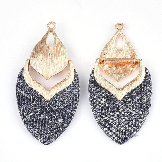 MP0002 - 10 pcs. Metal and Faux Leather Dangle Charms Pendants - Gunmetal - Gold Hardware - 61mm (2.4")
