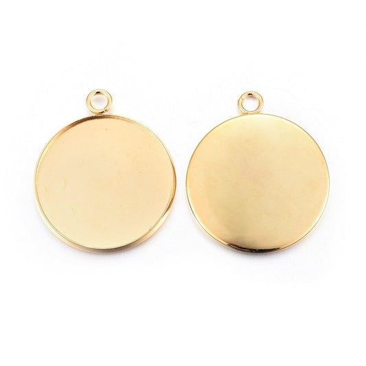 P929 - 10 pcs. 304 Stainless Steel Circle Round Bezel Pendant Tags Trays - 25mm Glue Pad Setting - Single Loop - Golden - Tarnish Resistant
