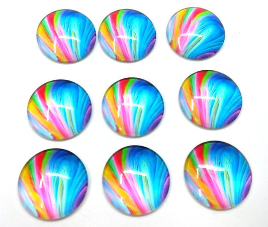 CA945 - 5 pcs Circle Feather Glass Round Dome Seals Tiles Cabochons - 25mm (1 inch) - Rainbow