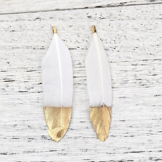 P938 - 10 pcs White and Gold Dangle Charms Pendants - Feather - Gold Plated Crimps - 80mm (3.15") - Great for Light Earrings, Necklaces or Dangles