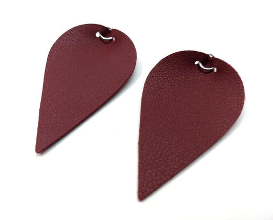 P389 - 10 pcs Burgundy Faux Leather Dangle Charms Pendants - Pinch Leaf - Silver Tone Jump Ring - 63mm (2.5") - Great for Earrings or Dangles!