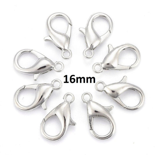 CL174 - 50 pcs. Silver Tone Lobster Clasps - 16mm x 8mm - Hole Size: 2mm - Claw Clasps
