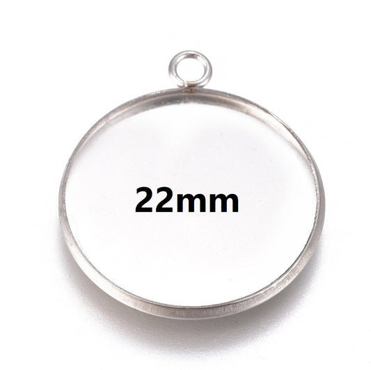 P2017 - 5 pcs. 304 Stainless Steel Silver Tone Circle Round Bezel Pendant Tags Trays - 22mm Glue Pad Setting - Tarnish Resistant!
