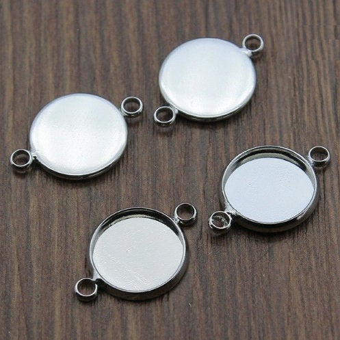 P565 - 10 pcs. Silver Tone Circle Round Bezel Cabochon Cameo Connector Tags Trays - 16mm Glue Pad - High Quality!