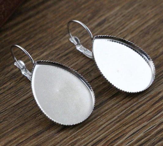 E351 - 10 pcs. (5 pairs) 304 Stainless Steel Silver Tone Teardrop Earring Clips Lever Back Bezels Cabochons - 25mm x 18mm Glue Pad Setting - Drop