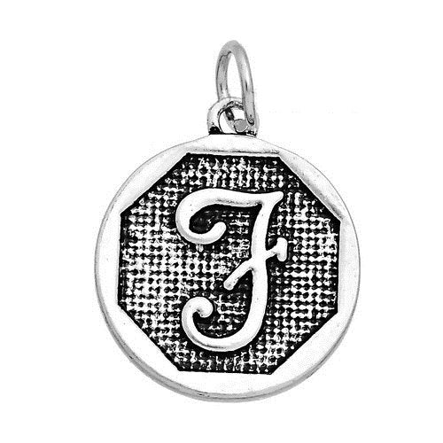 P109 - 4 pcs. Antique Silver LARGE Letter "F" Alphabet Letter Charm Pendant - 23mm x 20mm - Stamped Design
