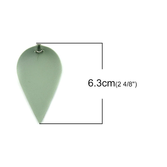 P037 - 10 pcs Green Sage Faux Leather Dangle Charms Pendants - Pinch Leaf - Silver Tone Jump Ring - 63mm (2.5") - Great for Earrings or Dangles!