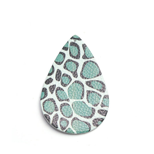 P1190 - 10 pcs. Leopard Faux Leather Dangle Charms Pendants - Teardrop - Black and Green - 55mm (2.17") - Double Sided