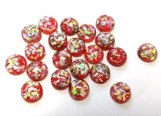 CA769 - 10 pcs Resin Round Embellishment Circle Cabochons Metal Foil Red, Green, Gold - 10mm - Multi-Color Glitter