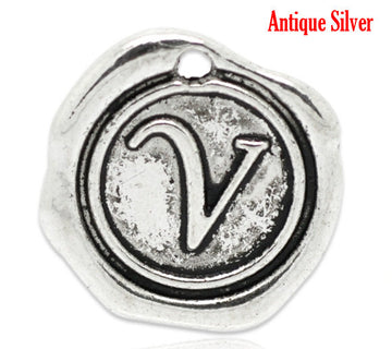 P131 - 5pcs. Antique Silver LARGE Letter "V" Alphabet Letter - 18mm x18mm - Wax Design