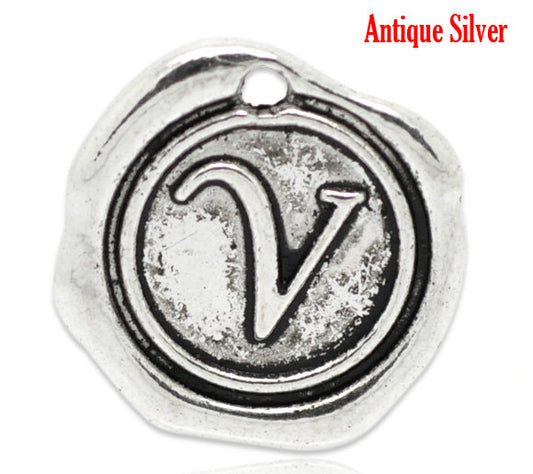 P131 - 5pcs. Antique Silver LARGE Letter "V" Alphabet Letter - 18mm x18mm - Wax Design