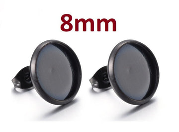 E709 - 10 pcs. 304 Stainless Steel Gunmetal Black Earring Posts Settings Bezels Cabochons Tacks - 8mm Glue Pad Setting