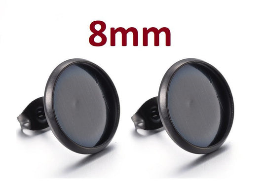E709 - 10 pcs. 304 Stainless Steel Gunmetal Black Earring Posts Settings Bezels Cabochons Tacks - 8mm Glue Pad Setting