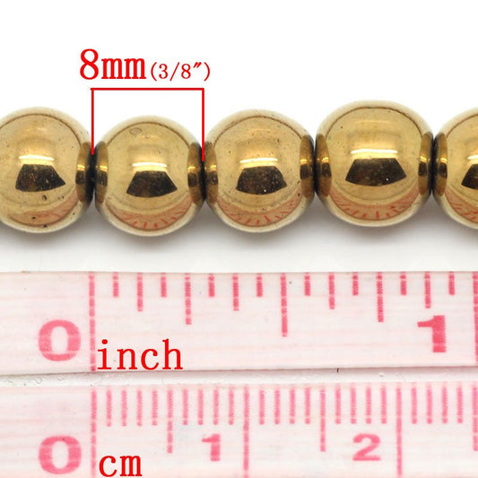 BD342 - 52 pcs. - 8mm Gold Plated Hematite Round Beads - 15 inch strand - Hole Size: 1.6mm