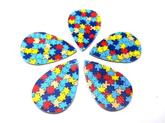 P2091 - 10 pcs. Autism Faux Leather Dangle Charms Pendants - Teardrop - Puzzle - 56mm (2.2") - Great for Light Earrings or Dangles! Double-Sided